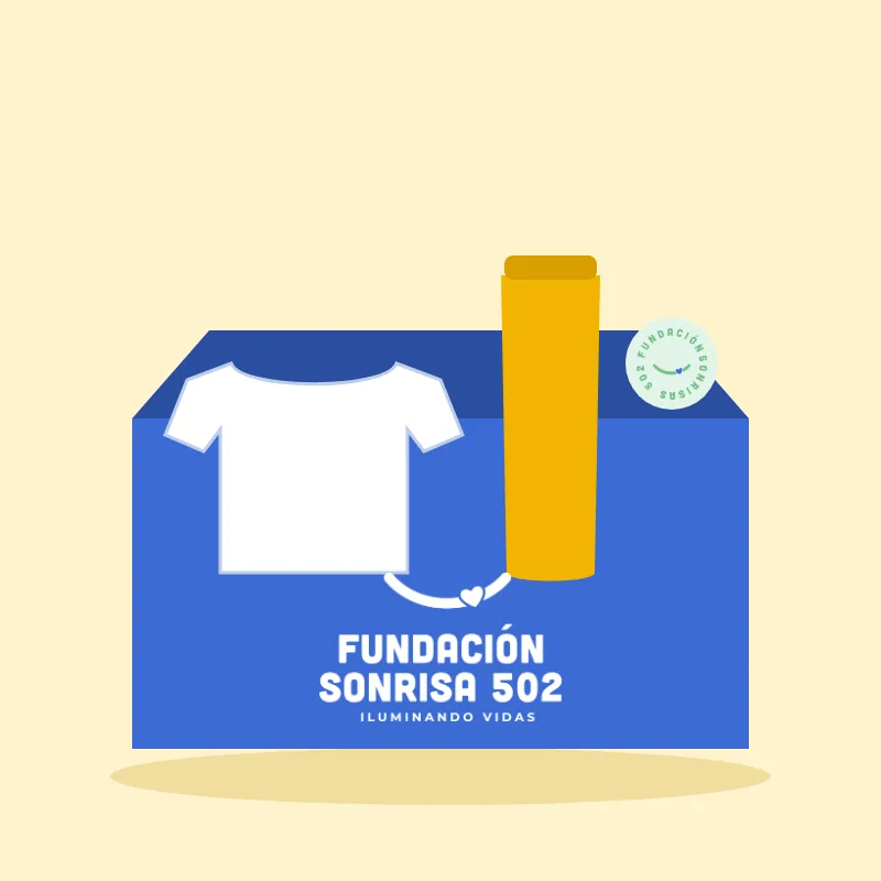 Ilustración del kit solidario: caja azul con camiseta, termo y stickers