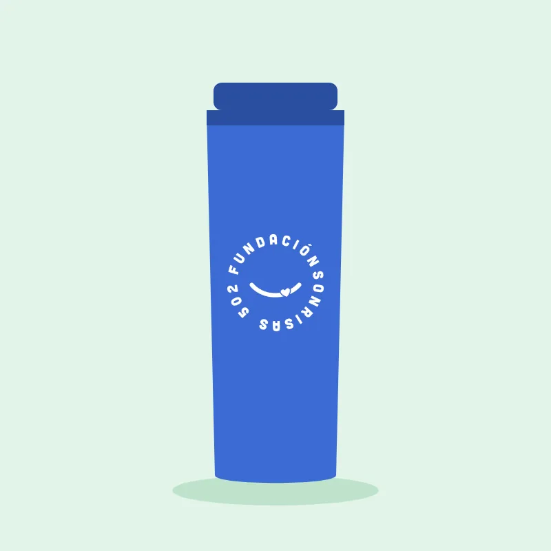 Ilustración del termo azul con el logo circular blanco de Sonrisa 502